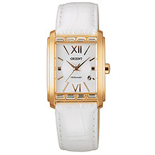 Montre Orient, acier doré, empierré blanc, cadran blanc, cuir blanc, dateur, fond transparent