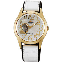Montre Orient dorée cadran blanc cuir blanc fond transparent mouvement apparent étanche 50 m