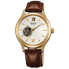 Montre Orient dorée cadran blanc cuir marron fond transparent mouvement apparent étanche 50 m