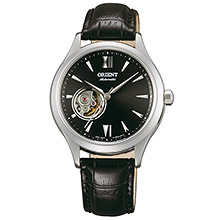 Montre Orient, cadran noir, cuir noir, mouvement apparent fond transparent