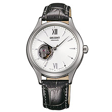 Montre Orient, cadran blanc cuir noir mouvement apparent fond transparent