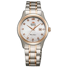 Montre Orient, acier bicolore cadran nacré empierré blanc, dateur, étanche 50 m